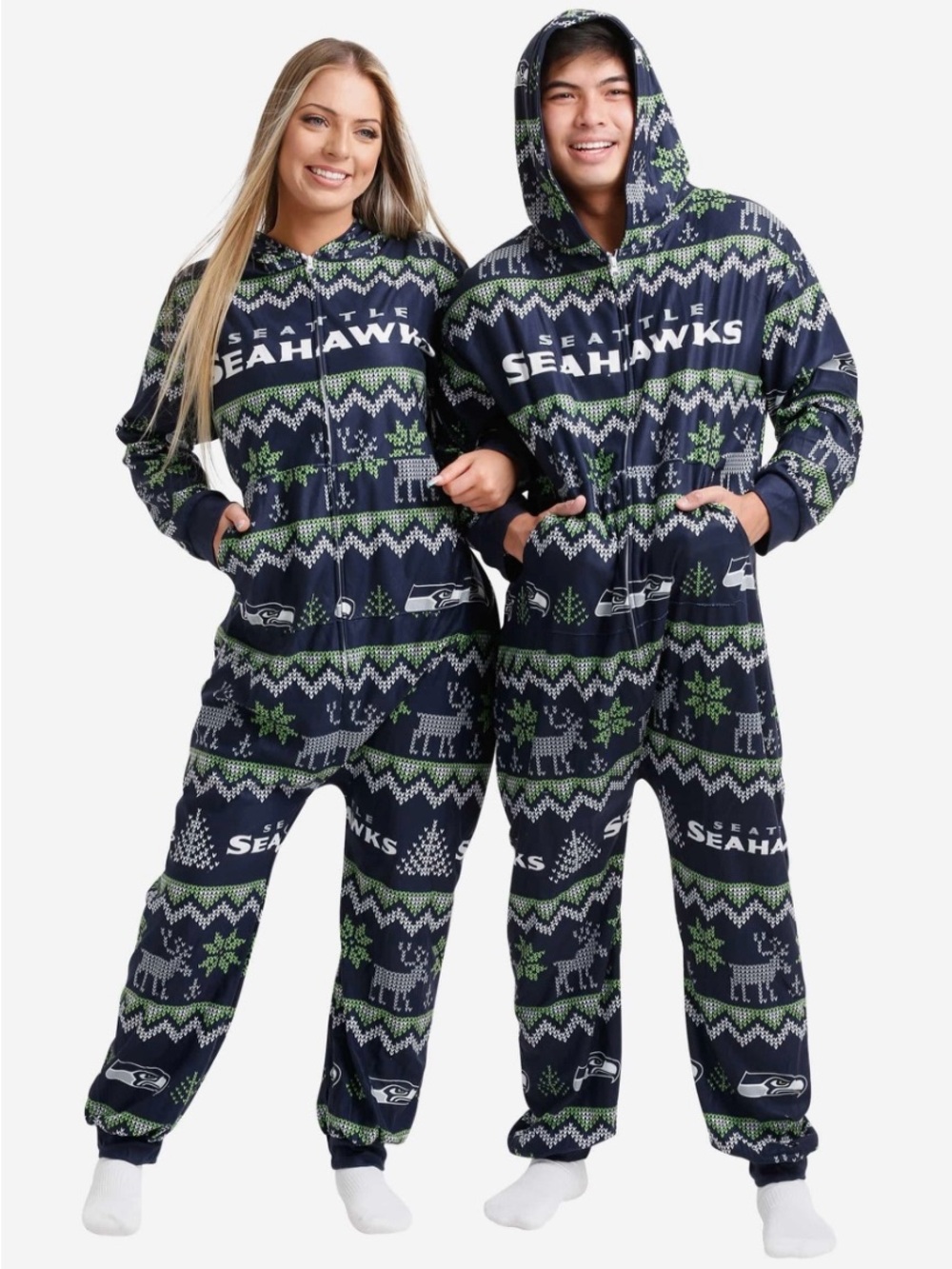 Seattle Seahawks Hooded Onesie Pajamas  - Christmas, Superbowl, Unisex